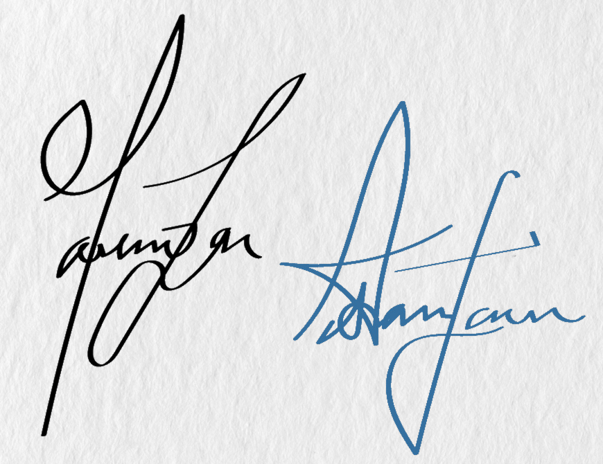 In this example, we extract the blue handwritten signature from a scan of two signatures. We select the blue signature color by clicking on it in the input editor and set the color tolerance to 5% to match lighter and darker blue color tones. As a result, the program carefully separates the blue pixels from the scanned paper. Additionally, we crop the output image to remove excess space and enable the edge smoothing option with a 1-pixel depth to ensure the final digital signature can be pasted on any document. (Source: Freepik.)