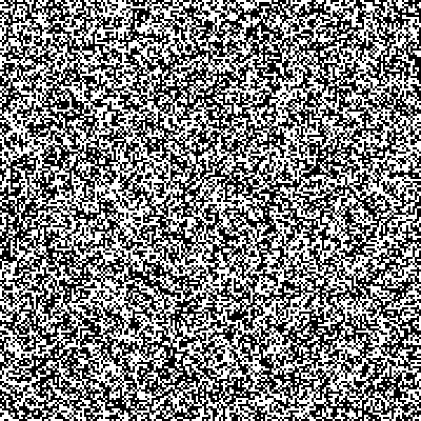 In this example, we create a PNG image that emulates white noise on a screen. We configure the screen to have a square shape of 600 by 600 pixels and set each white noise pixel to be 3 by 3 pixels. This way, the entire area of PNG is covered with 40,000 randomly scattered black and white pixels.