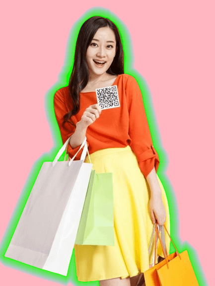 In this example, we add a bright glow to a woman holding shopping bags. We use the exponential dropoff type glow and set two colors. The first color, lime green, has an opacity of 180 at the edge of the woman's body and then fades to lightskyblue, which is fully transparent at 20 pixels away. We also add a solid pink background to the PNG image. (Source: Pexels.)