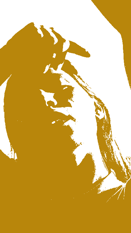This example creates a monochrome 1-bit color poster from a PNG photo of a woman in a yellow shirt. We set the pixel color to dark goldenrod and convert the background to white (hex color code #FFFFFF). Dithering is not used in this example. (Source: Pexels.)