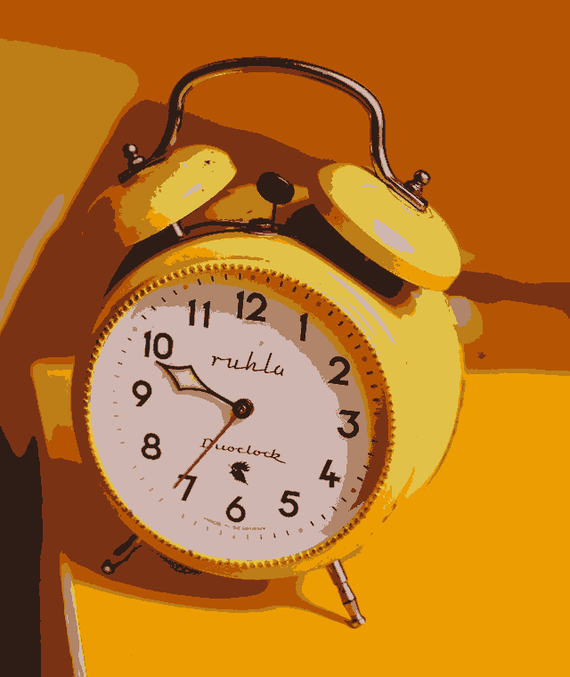 In this example, we create a poster from a PNG image of a yellow retro alarm clock. The original PNG has all possible colors but we discretize them and set the exact number of colors in the poster's palette equal to 8. It means that besides black, white, and gray, the poster uses just 5 yellow tones to represent the multitude of original yellow tones. (Source: Pexels.)
