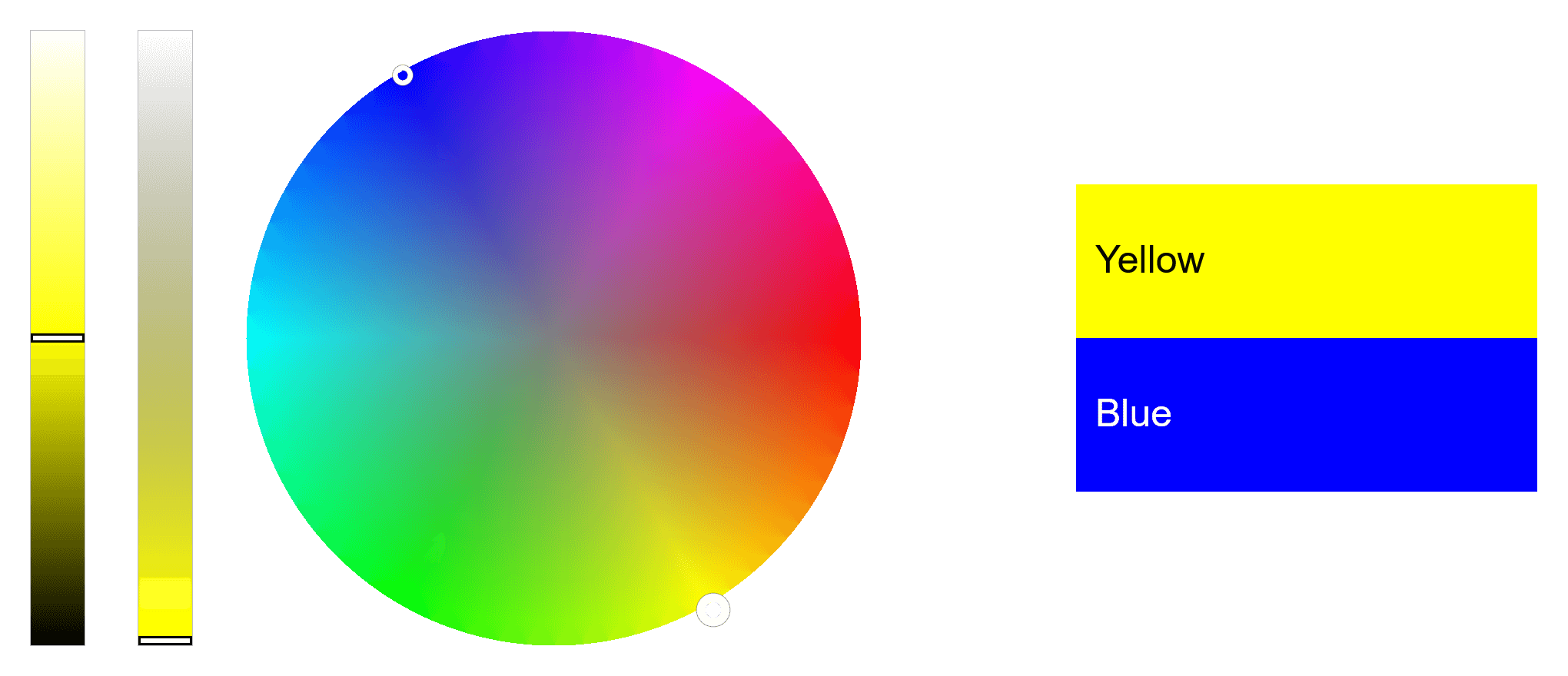 In this example, we select "Yellow" as our base color and the tool instantly identifies "Blue" as its direct complementary partner on the color wheel. Both colors use 50% lightness and 100% opacity, creating strong contrast because they are exact opposites on the color wheel. We draw both colors on the output palette and display their text names next to them. For the download, we choose the full canvas format, including the color wheel and lightness/opacity sliders.