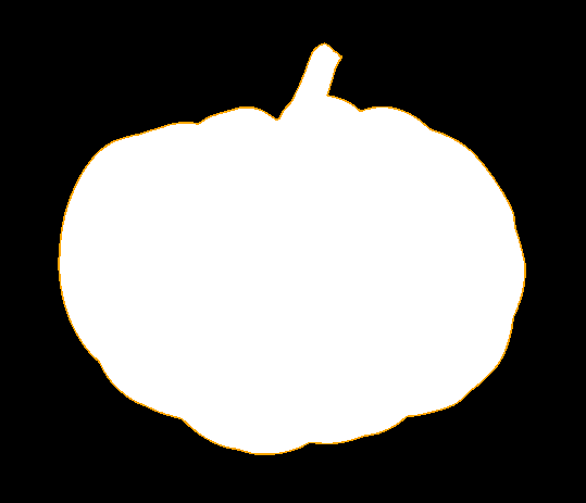 In this example, we extract the alpha channel from a PNG image of a yellow pumpkin, resulting in a three-colored alpha mask. The large black area represents the alpha channel with the value of zero, which corresponds to all fully transparent pixels in the PNG. The pumpkin-shaped white area in the center represents the alpha channel of 1, showing the fully opaque region in the PNG. The thin orange line between the white and black areas illustrates the alpha channel between 0 and 1, showing all semi-transparent pixels in the PNG. (Source: Pexels.)